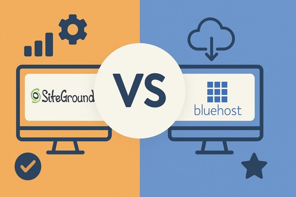 SiteGround vs Bluehost (Comparación 2024) Ilustración comparativa entre los servicios de hosting SiteGround y Bluehost con elementos visuales representando características clave.