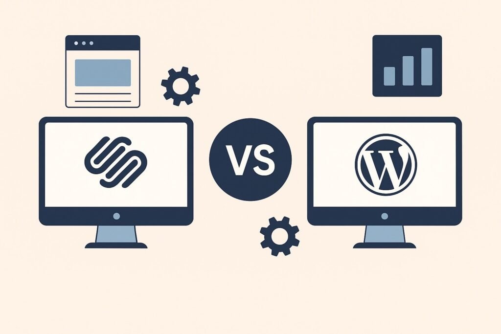 Ilustración comparativa entre Squarespace y WordPress con íconos representativos en pantallas, engranajes y diseño simétrico en formato 16:9.
