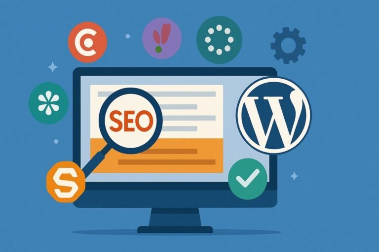 Ilustración de pantalla con lupa sobre la palabra SEO, íconos de plugins y logo de WordPress representando herramientas de optimización.