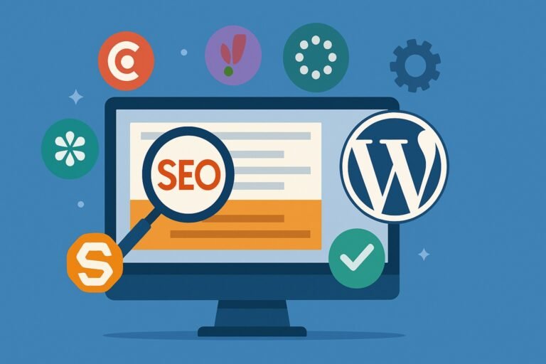 Ilustración de pantalla con lupa sobre la palabra SEO, íconos de plugins y logo de WordPress representando herramientas de optimización.