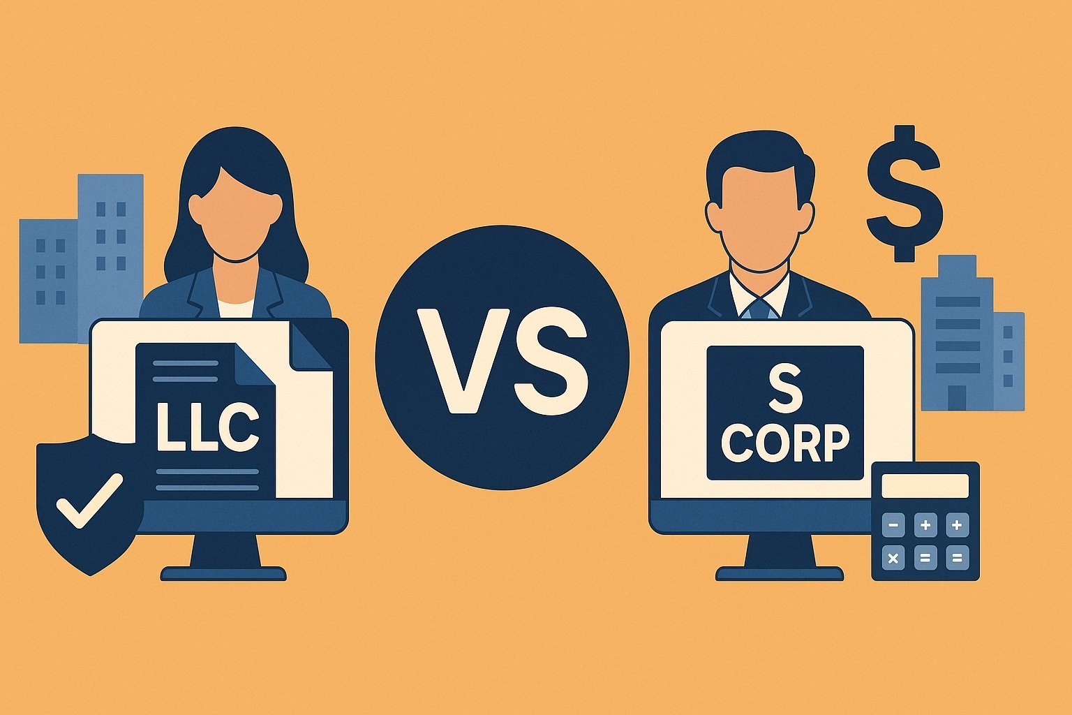 Ilustración comparativa entre LLC y S Corp, con personajes frente a pantallas, edificios de oficina y elementos contables, representando estructuras de negocio.