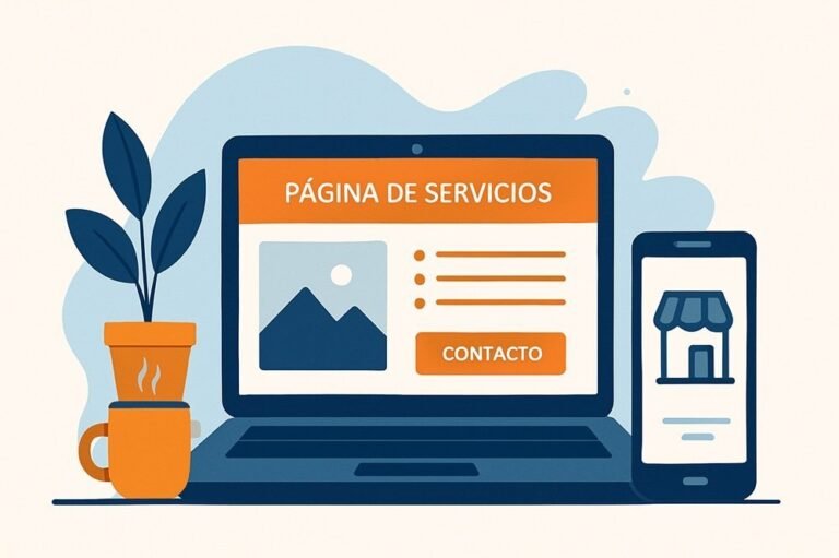 Ilustración de computadora portátil mostrando diseño de página web de servicios con iconos modernos, ideal para negocios locales en Homestead.