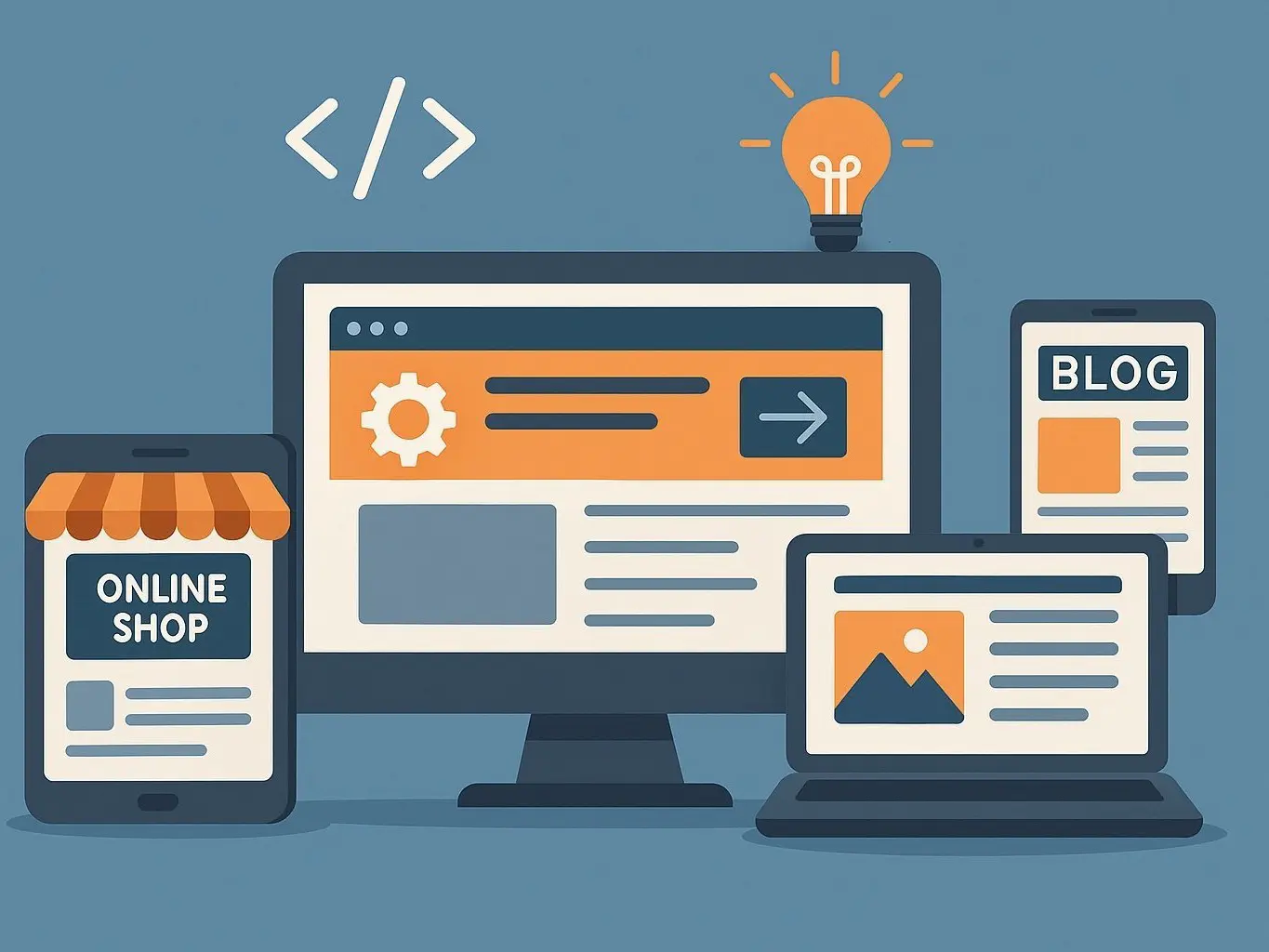 Desarrollo Web lustración de diseño y desarrollo web con dispositivos mostrando una tienda online, un blog y una página web en computadoras, tablets y teléfonos móviles