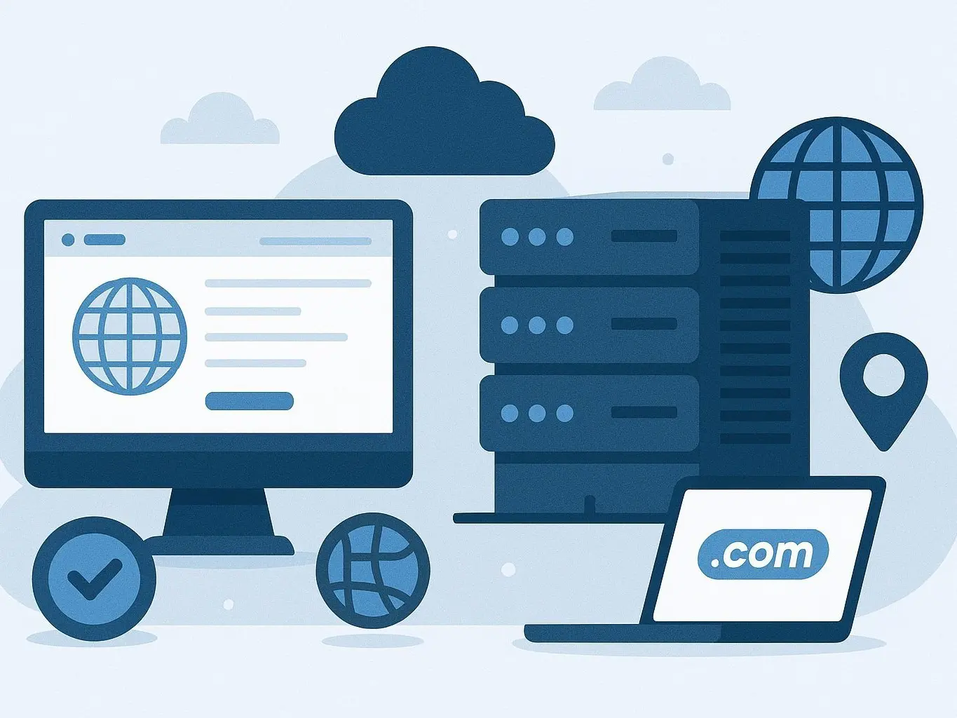 Hosting Web Profesional Ilustración digital que representa un servicio de hosting web premium con servidores, computadora, laptop y símbolos de dominio, velocidad y localización, destacando seguridad, disponibilidad y gestión profesional.