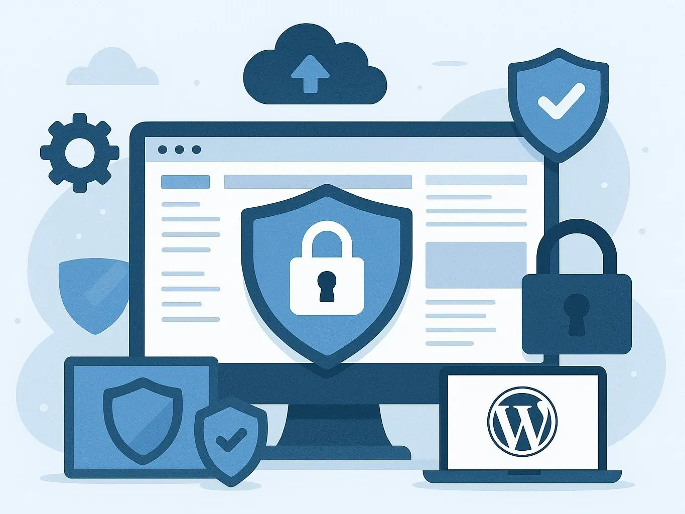 Mantenimiento Web Ilustración digital que representa la protección y mantenimiento de un sitio web con WordPress, mostrando una computadora con escudo y candado, laptops con el logo de WordPress, íconos de seguridad, respaldo en la nube y optimización, simbolizando seguridad 24/7, backups diarios y velocidad garantizada.