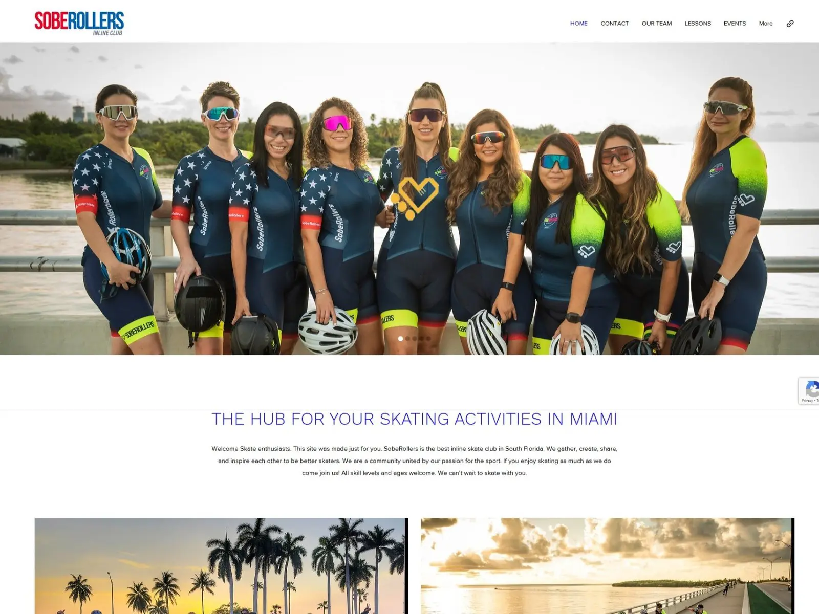 Portafolio Captura de pantalla del diseño web de soberollers mostrando la página de inicio con tienda de patines, menú principal y secciones destacadas para eventos y comunidad en Miami.