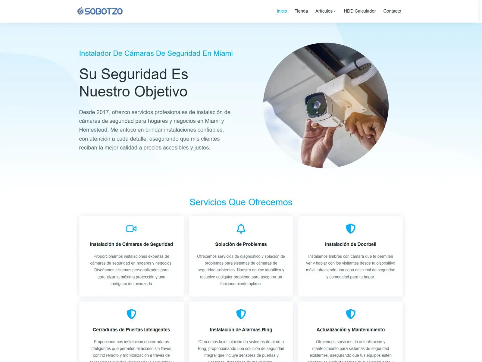 Portafolio Pagina principal del sitio web de Sobotzo – Seguridad y videovigilancia