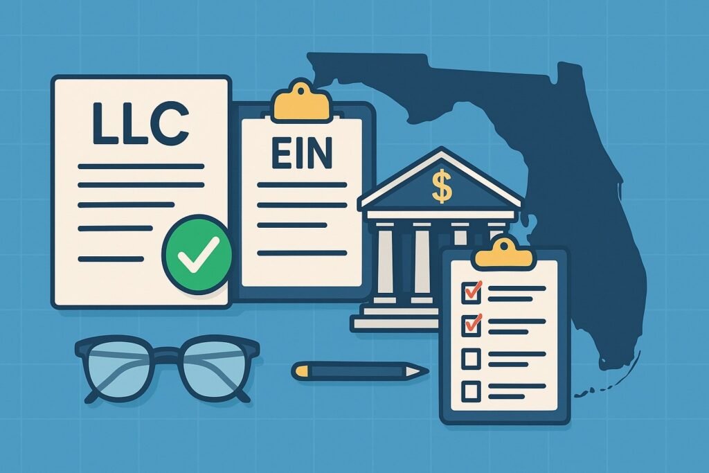 Ilustración gráfica del proceso para crear una LLC en Florida, incluyendo documentos LLC, EIN, banco y mapa del estado.