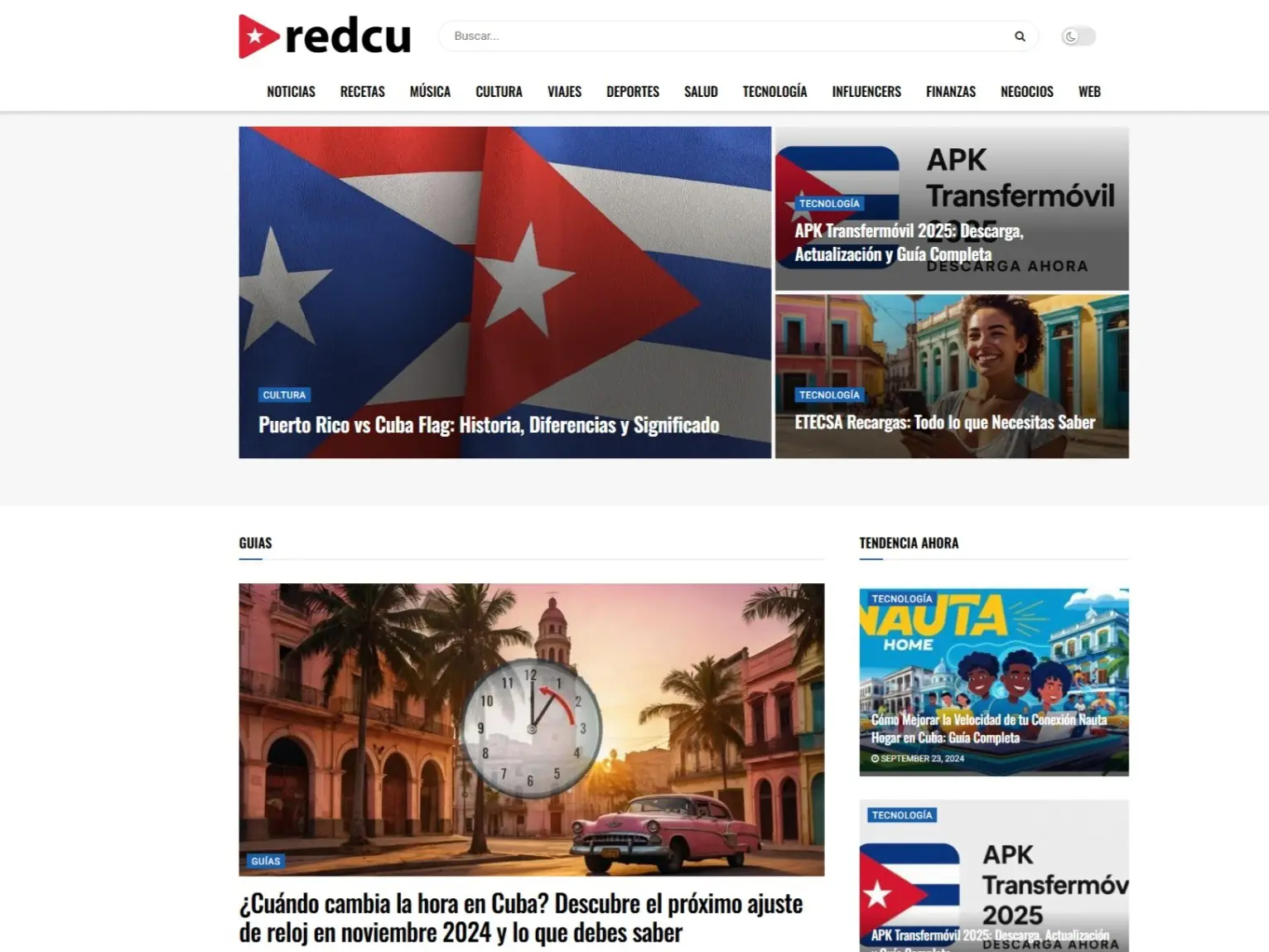 Portafolio Captura de pantalla del sitio web RedCubana mostrando la portada con artículos destacados sobre cultura, tecnología y guías útiles para cubanos.