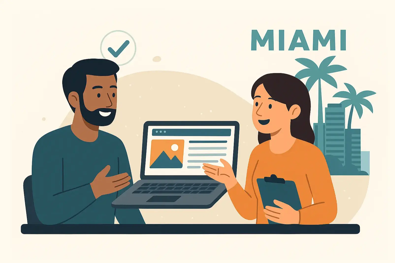 Ilustración de dos personas conversando sobre un sitio web, con palmeras y edificios de Miami al fondo, representando el servicio de diseño web local y en español para emprendedores hispanos.