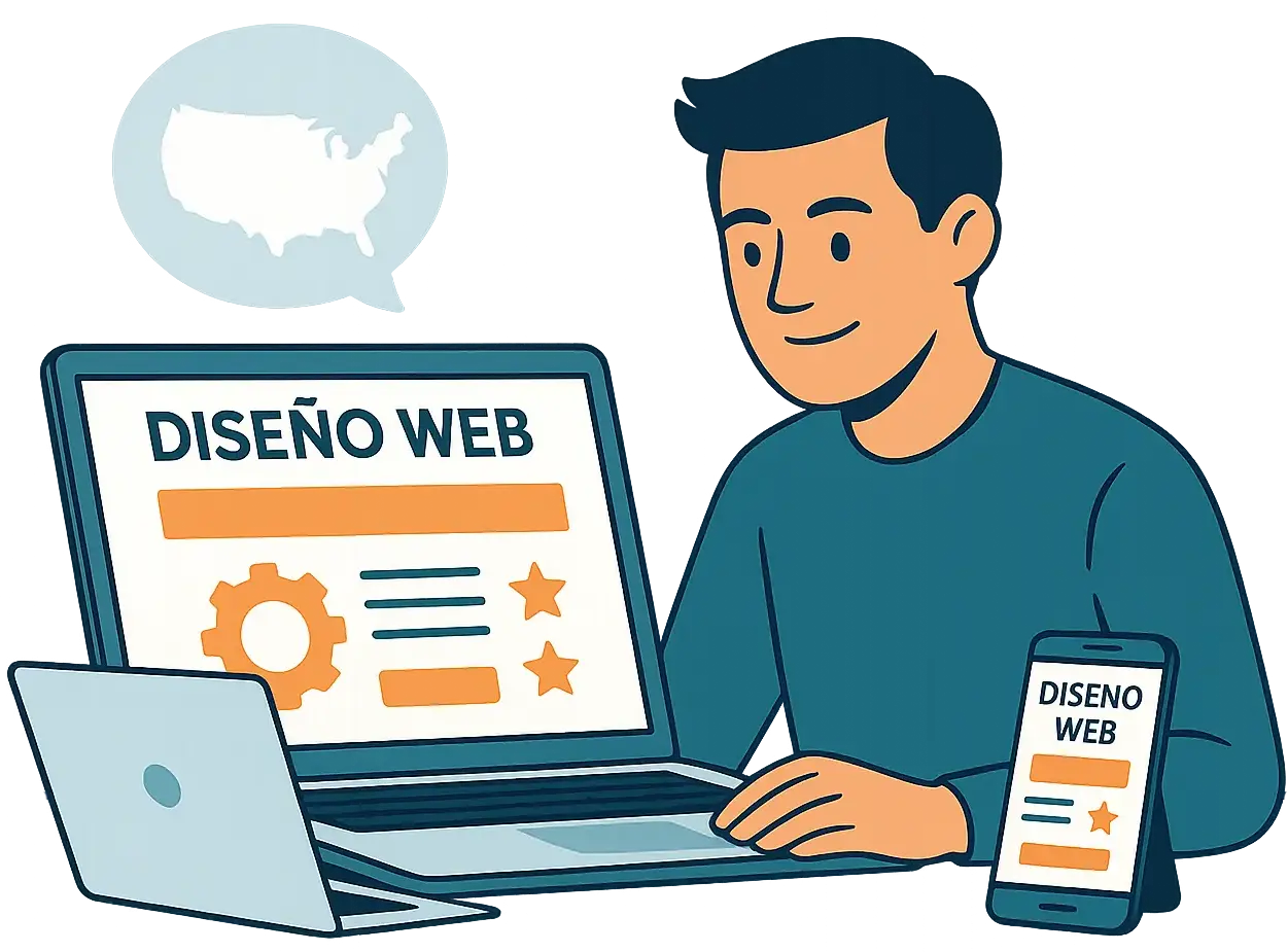 Inicio Ilustración de un emprendedor hispano usando laptop y móvil mientras gestiona su sitio web y mensajes de clientes en línea