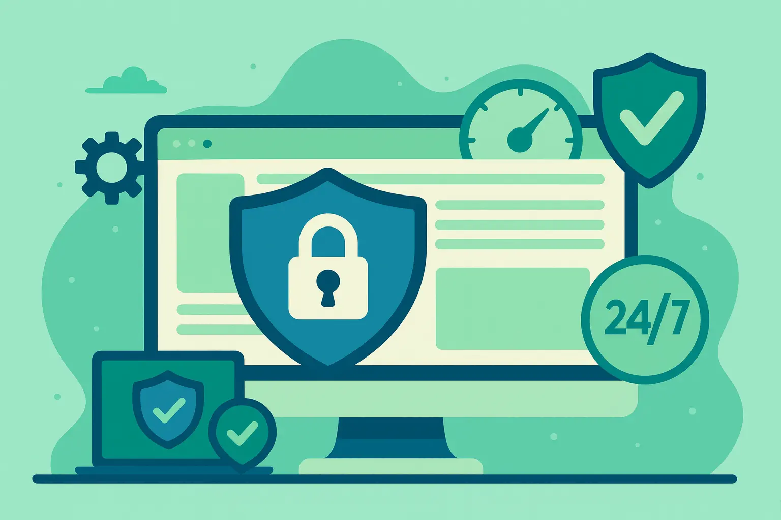 Mantenimiento Web Ilustración de un monitor con panel de WordPress mostrando gráficos de rendimiento y checkmarks de actualización, rodeado de iconos de seguridad, velocidad, copias de respaldo y herramientas técnicas, sobre fondo claro y sin texto.