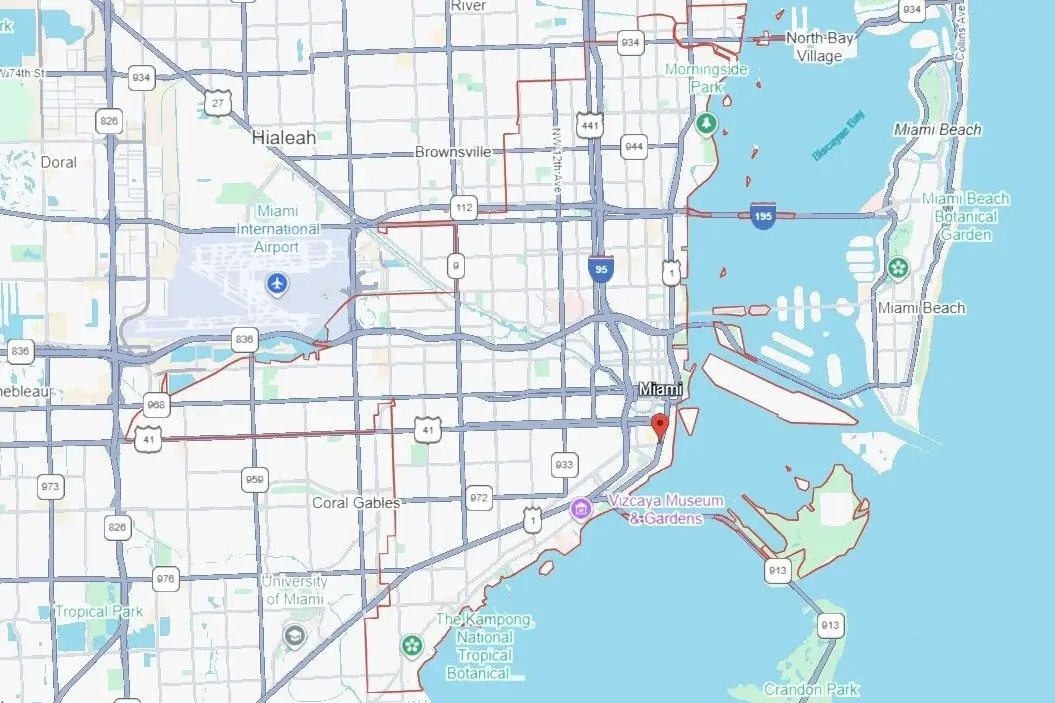 Mapa detallado de la ciudad de Miami, Florida, mostrando áreas clave como Downtown, Coral Gables, Hialeah y Miami Beach, representando la zona donde Website Creador ofrece servicios de diseño web.