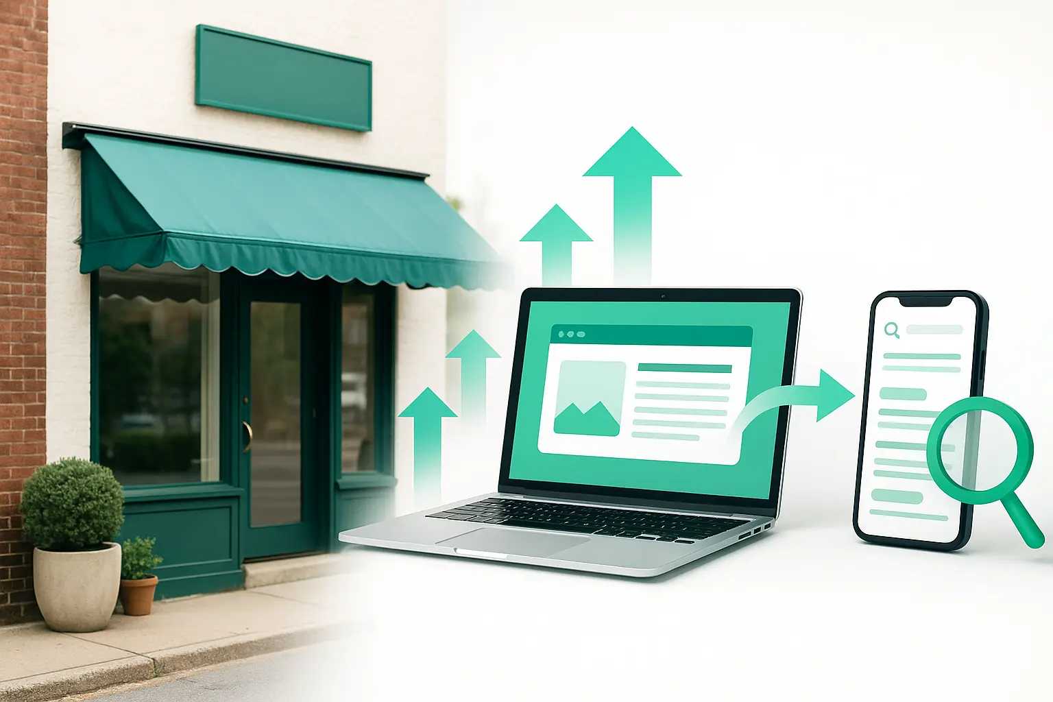 Ilustración de una laptop con gráficos y estadísticas en pantalla, acompañada de dos teléfonos móviles y una planta decorativa, representando análisis digital y presencia online.