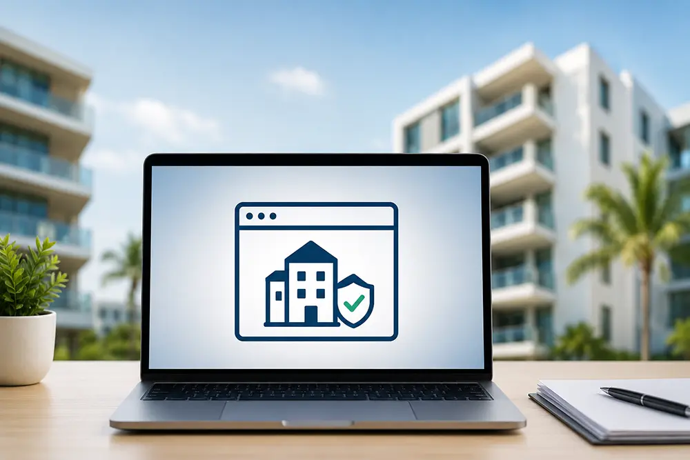 Laptop mostrando un portal seguro para condominios en Florida con edificios residenciales al fondo.