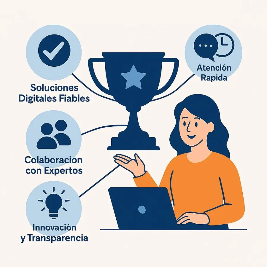 Ilustracion-de-los-Valores-de-Website-Creador Infografía moderna que representa los valores de Website Creador con íconos de soluciones digitales, atención rápida, colaboración, innovación y transparencia.